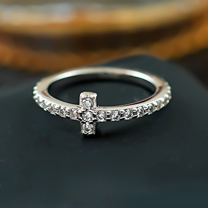 Simple Cross Design Sterling Silver Band Shine of Diamond