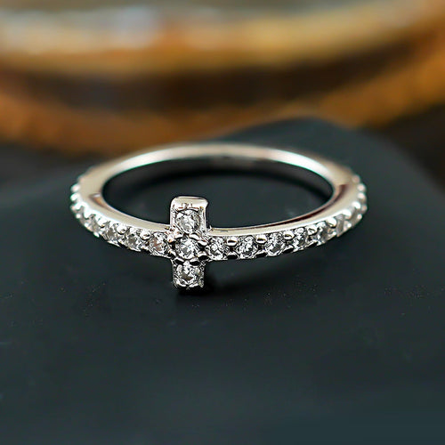 Simple Cross Design Sterling Silver Wedding Band Shine of Diamond