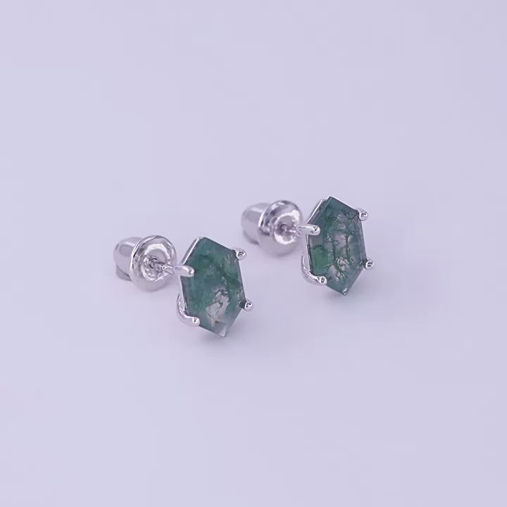 Geometric Green Moss Agate Sterling Silver Stud Earrings Carly Jewelry