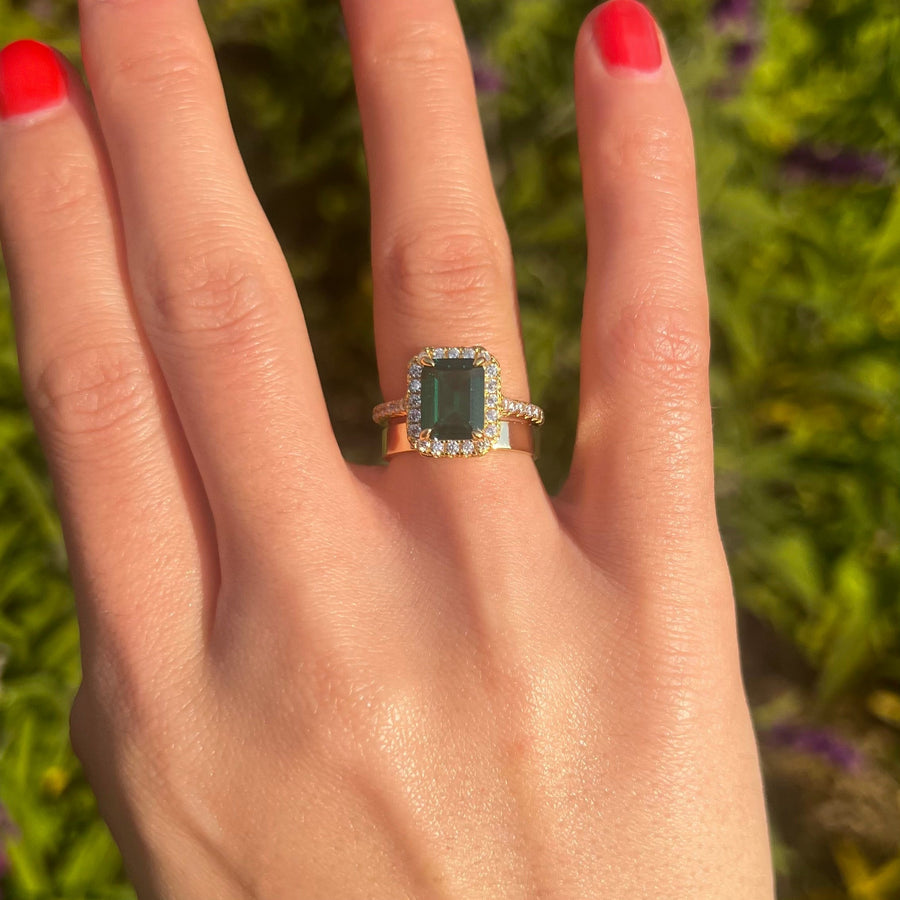 2 Pcs Green Emerald Cut Halo Design Bridal Sets In Golden Tone Shine of Diamond