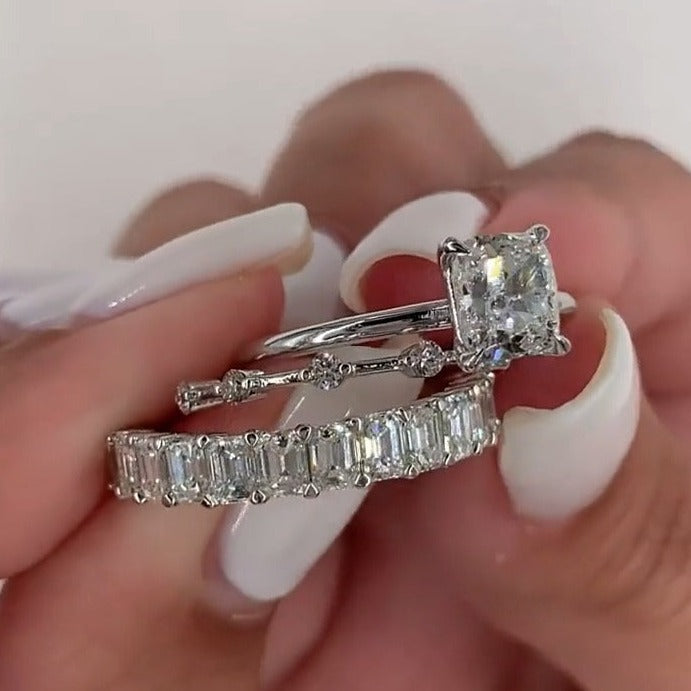 3pcs Cushion Cut with Emerald Band Bridal Set Rings In Sterling Silver Shineofdiamond