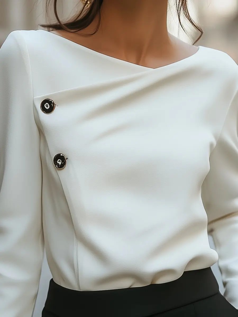 Asymmetric Button-Front White Top - Blouse CAAYWORLD
