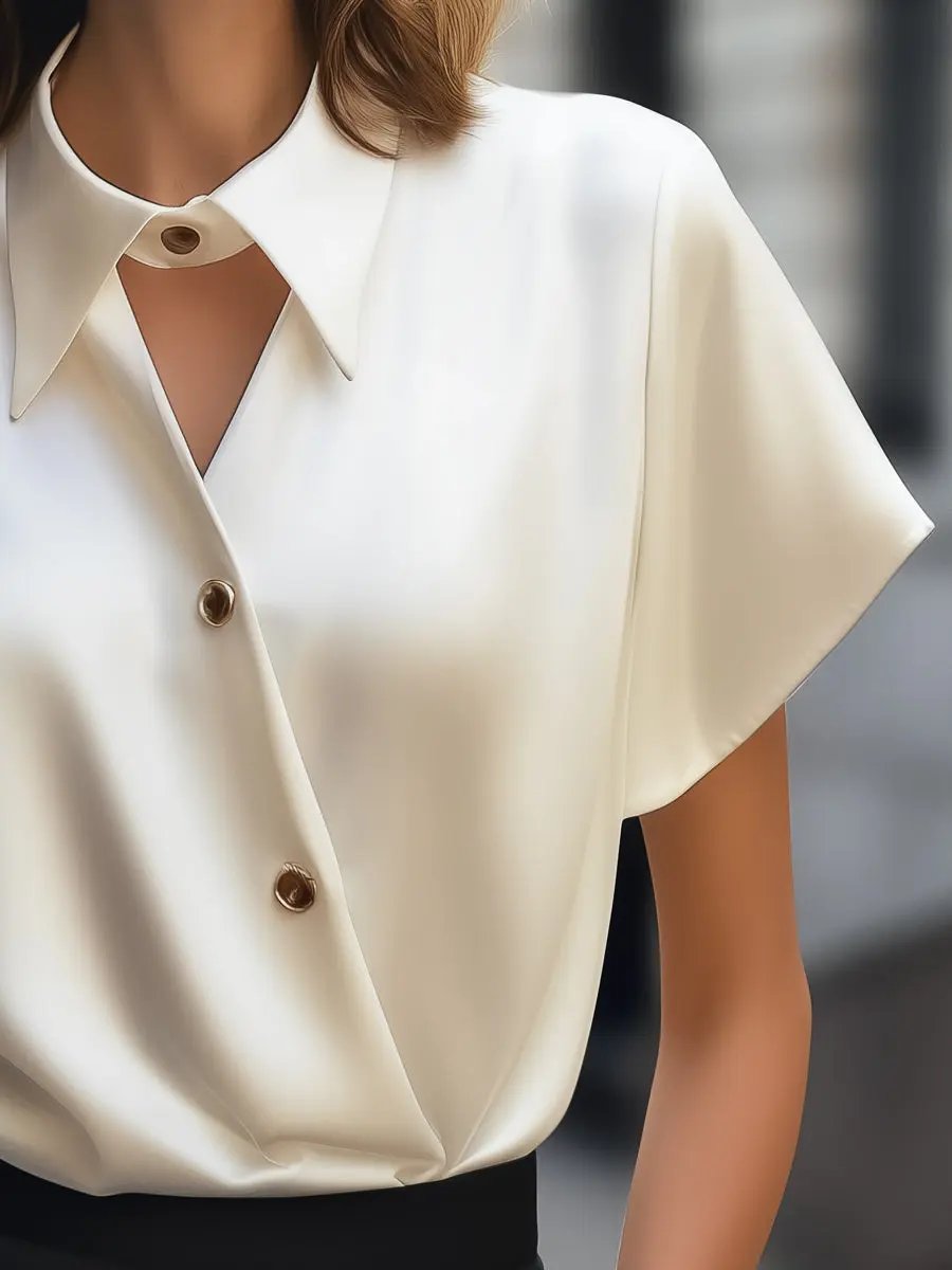 Asymmetric Satin Button-Down with Cutout Collar - Blouse CAAYWORLD