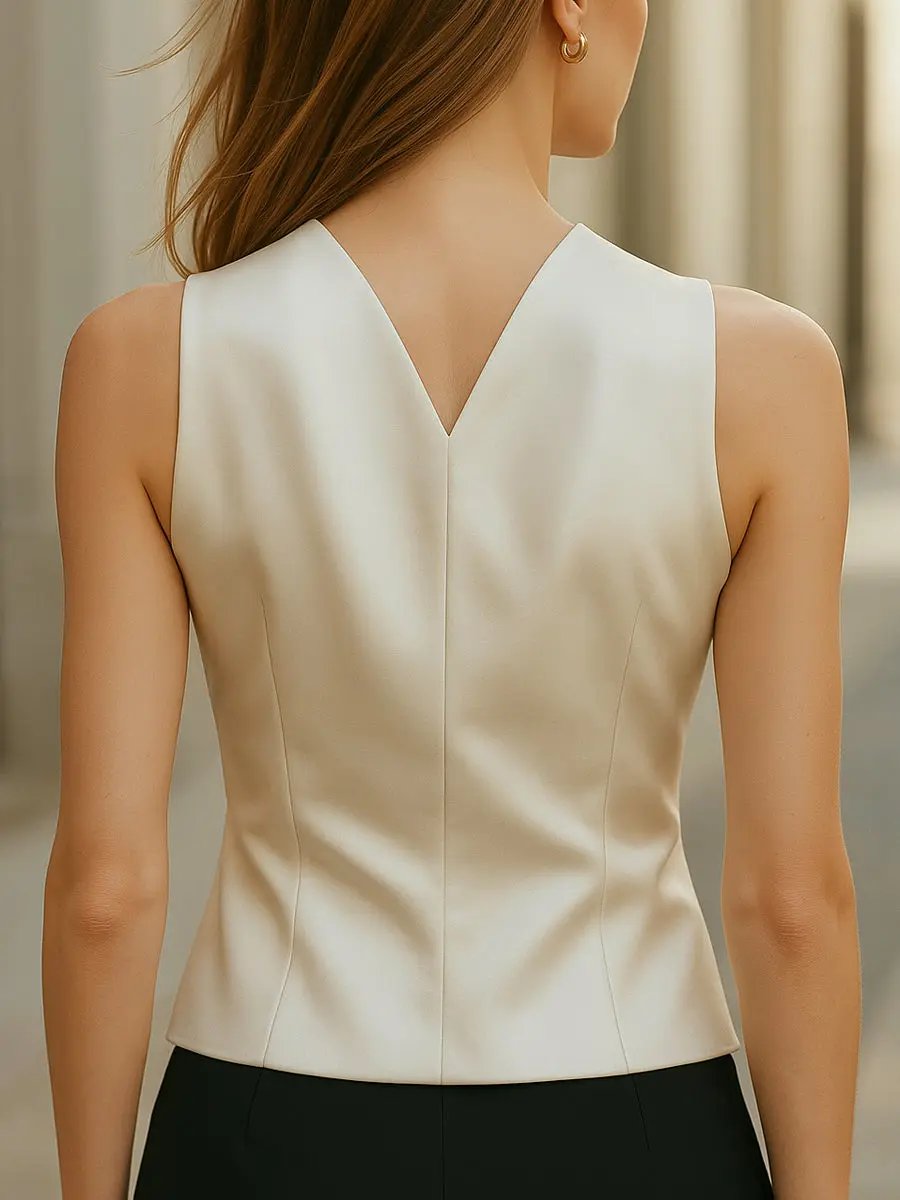 Asymmetric Satin Wrap with Gold Button Detail - Blouse CAAYWORLD