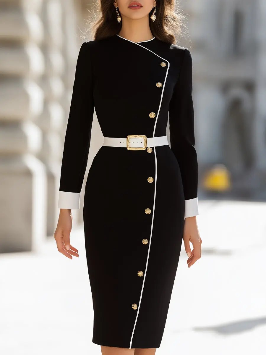 Asymmetrical Button-Front with Contrast Trim - Midi Dress CAAYWORLD