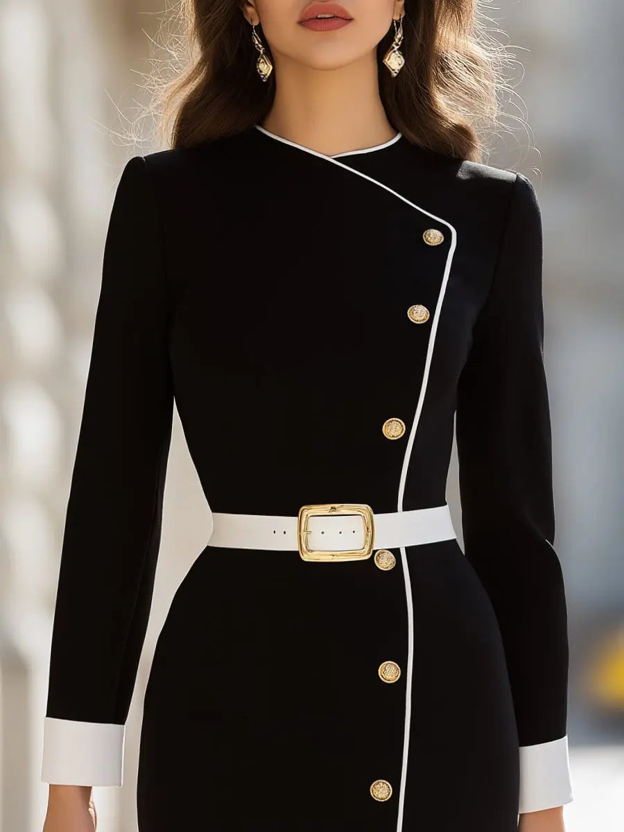 Asymmetrical Button-Front with Contrast Trim - Midi Dress CAAYWORLD