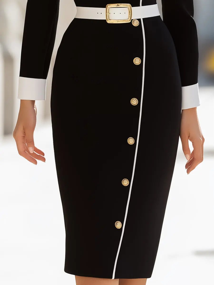 Asymmetrical Button-Front with Contrast Trim - Midi Dress CAAYWORLD