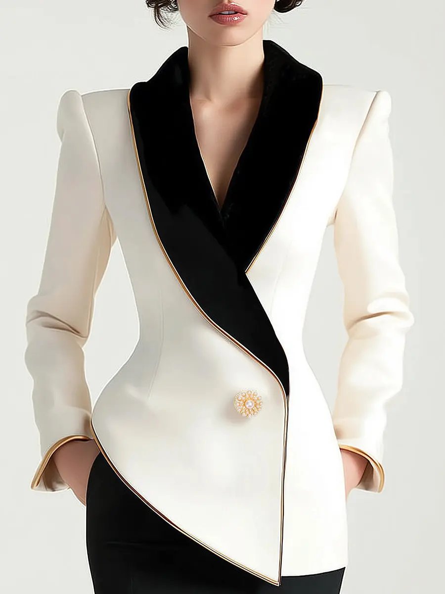 Asymmetrical White Blazer with Black Contrast Lapels - Women's Tailored Blazer CAAYWORLD