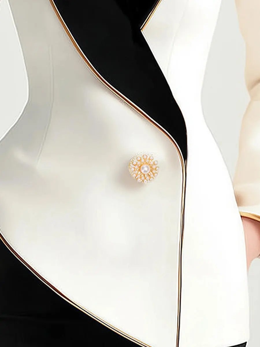 Asymmetrical White Blazer with Black Contrast Lapels - Women's Tailored Blazer CAAYWORLD