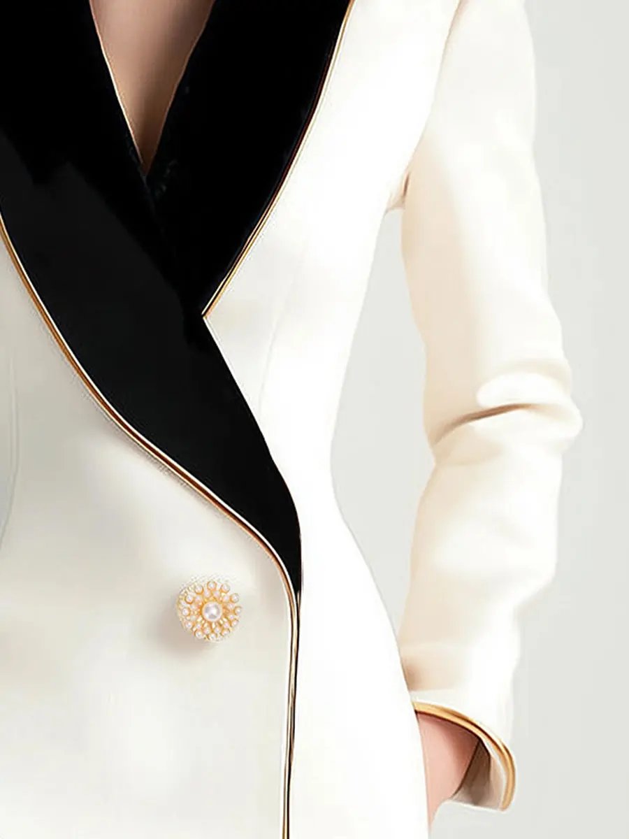Asymmetrical White Blazer with Black Contrast Lapels - Women's Tailored Blazer CAAYWORLD
