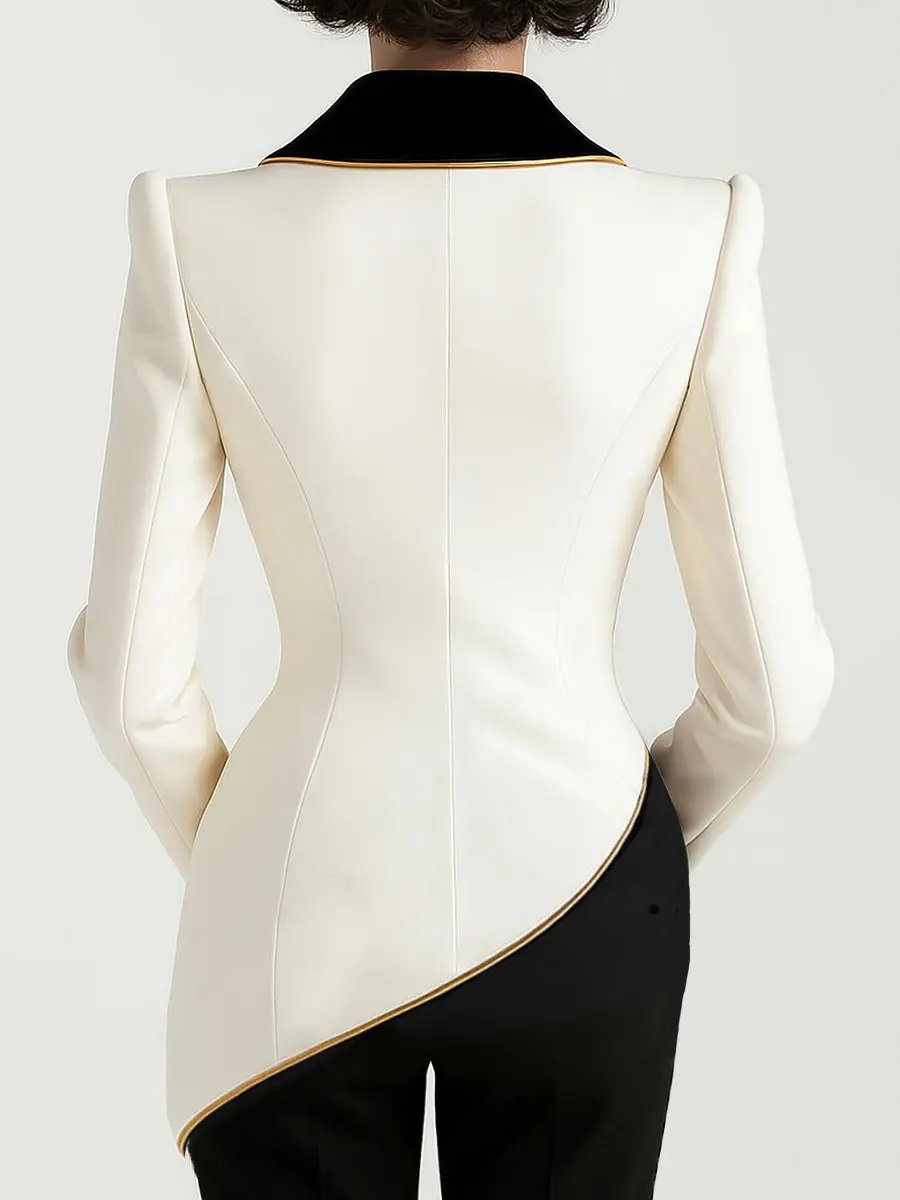 Asymmetrical White Blazer with Black Contrast Lapels - Women's Tailored Blazer CAAYWORLD