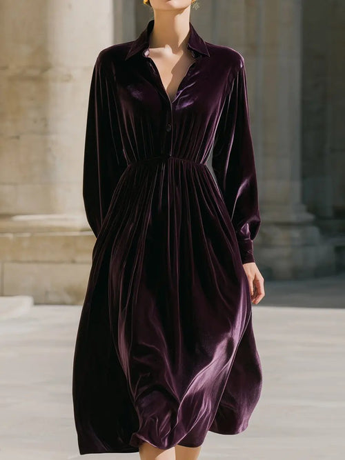 Aubergine Velvet Button-Front Shirt Dress - Midi Dress CAAYWORLD