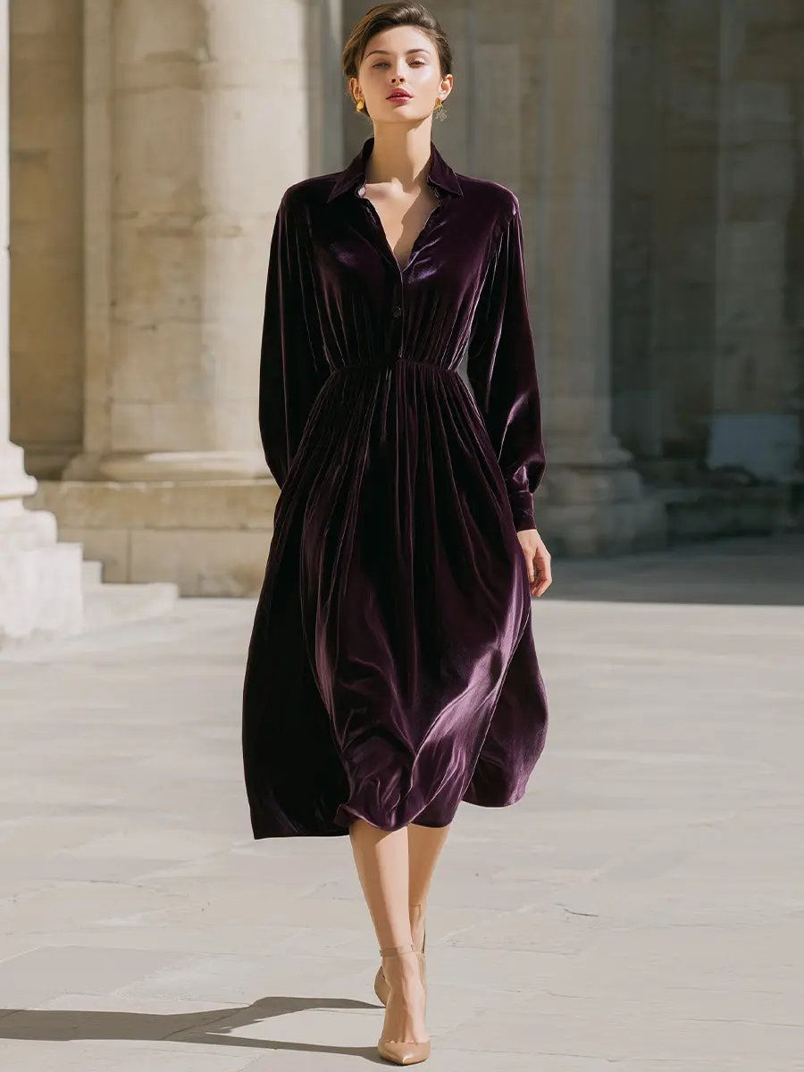 Aubergine Velvet Button-Front Shirt Dress - Midi Dress CAAYWORLD
