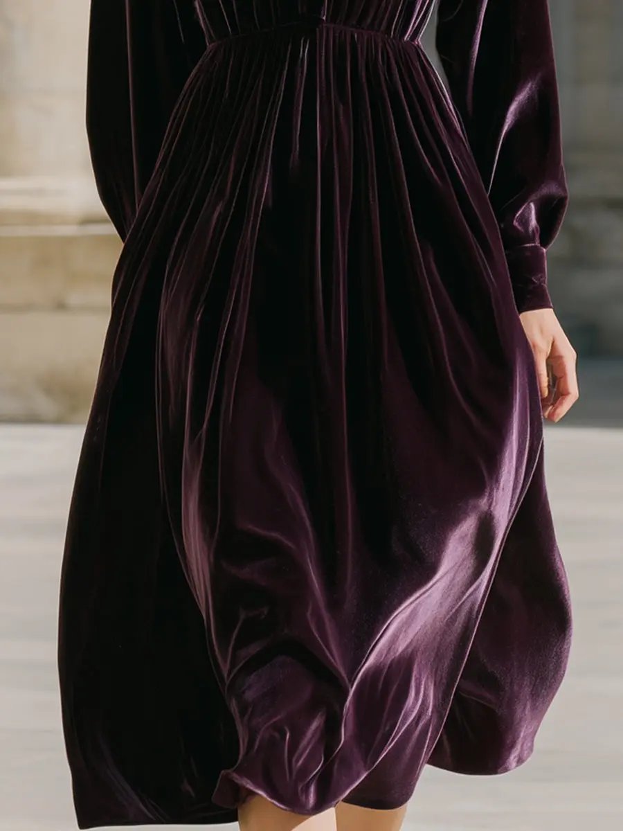 Aubergine Velvet Button-Front Shirt Dress - Midi Dress CAAYWORLD