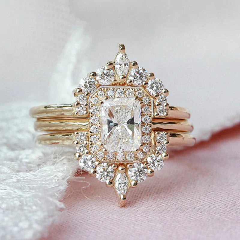 Radiant Cut 3PC Sterling Silver Bridal Sets In Golden Tone Shineofdiamond