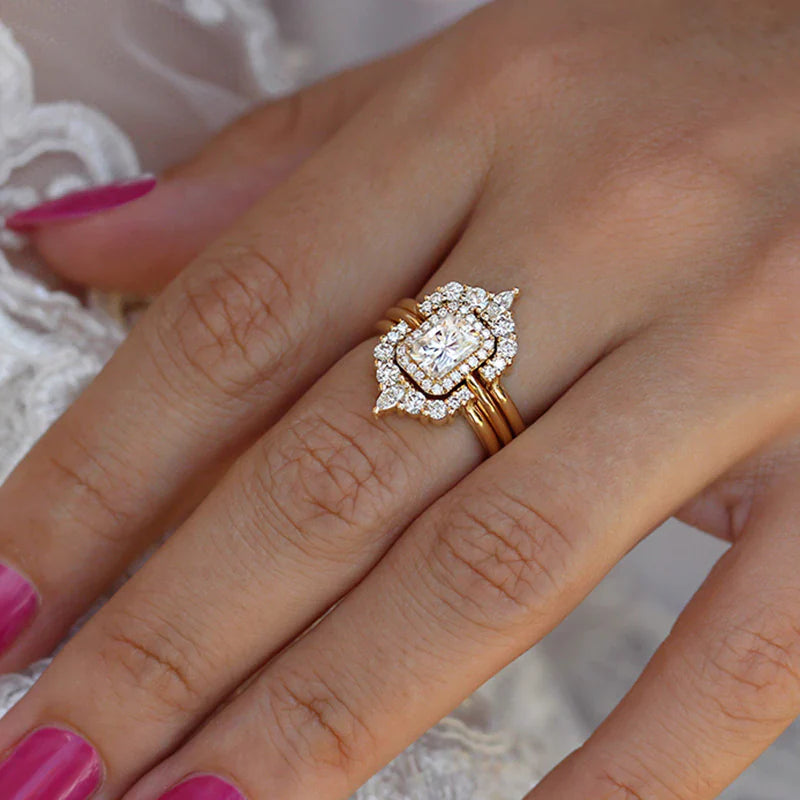 Radiant Cut 3PC Sterling Silver Bridal Sets In Golden Tone Shineofdiamond