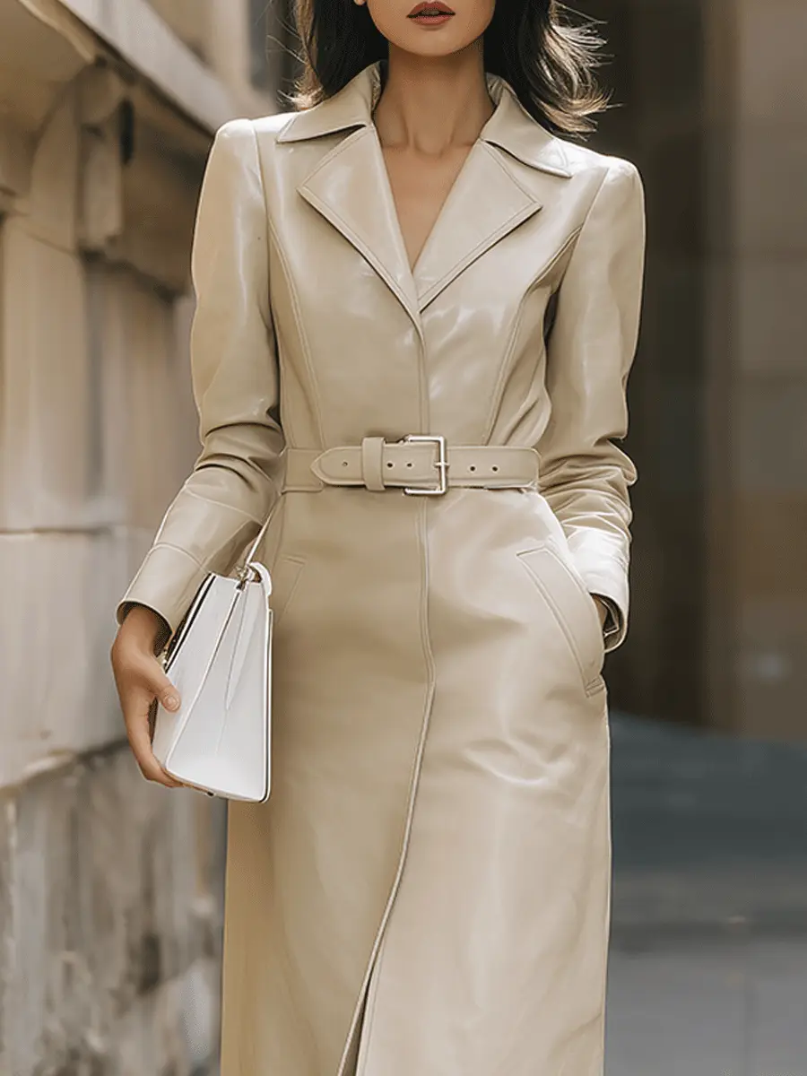 Beige Belted Faux Leather Trench-Style - Midi Dress CAAYWORLD