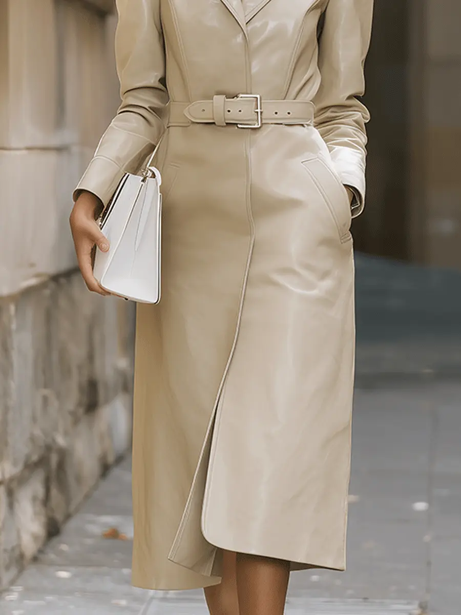 Beige Belted Faux Leather Trench-Style - Midi Dress CAAYWORLD