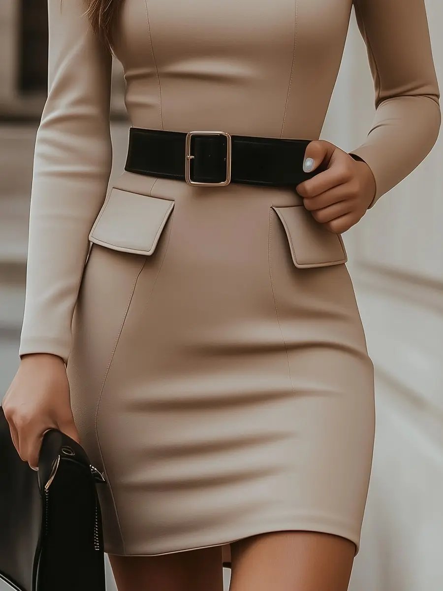 Beige Turtleneck Bodycon with Black Belt Accent - Mini Dress CAAYWORLD