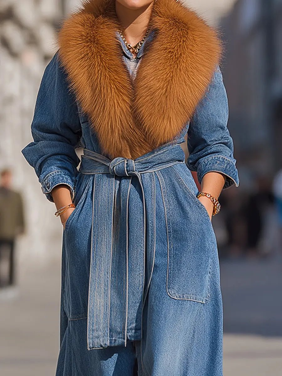 Belted Denim Maxi Coat With Faux Fur Collar - Maxi Coat CAAYWORLD