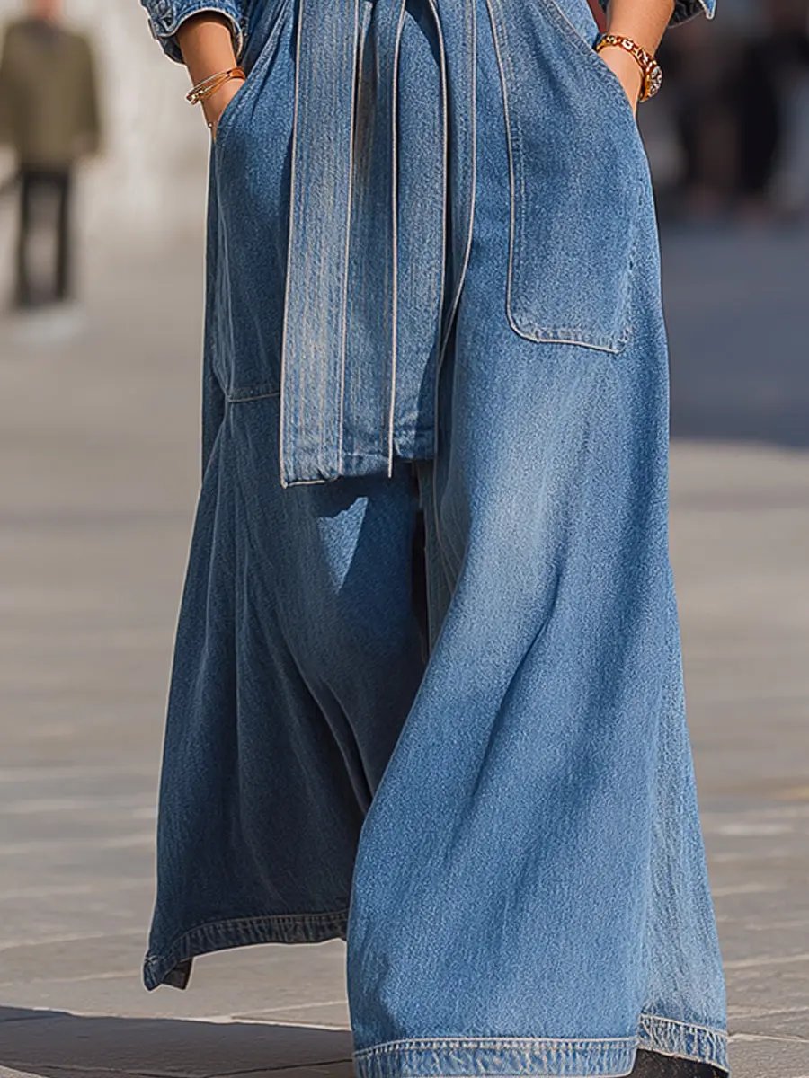Belted Denim Maxi Coat With Faux Fur Collar - Maxi Coat CAAYWORLD