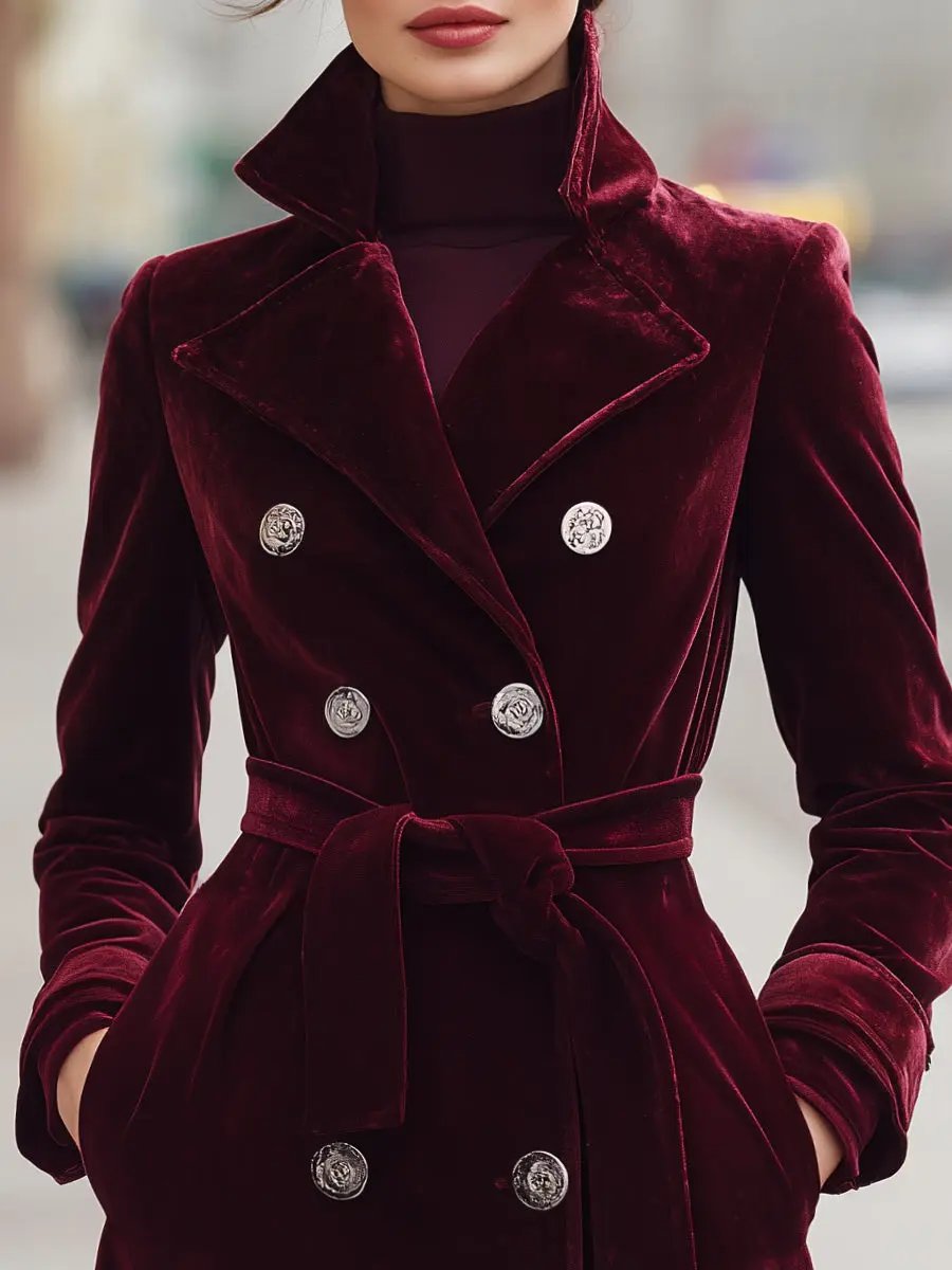 Belted Velvet Double-Breasted - Coat CAAYWORLD