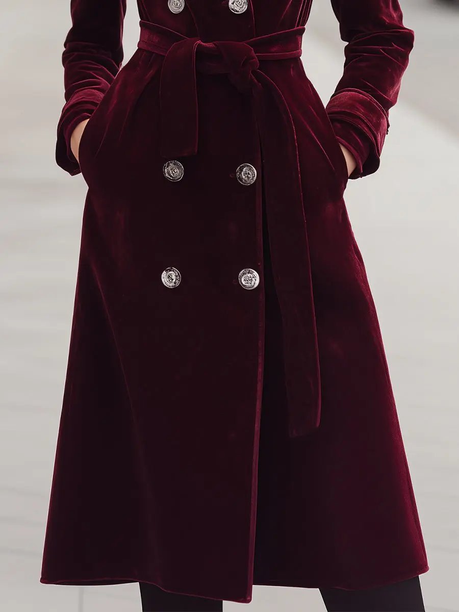 Belted Velvet Double-Breasted - Coat CAAYWORLD