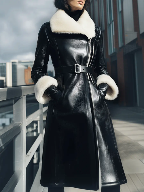 Black Belted Shearling-Collar Coat - Winter Coat CAAYWORLD