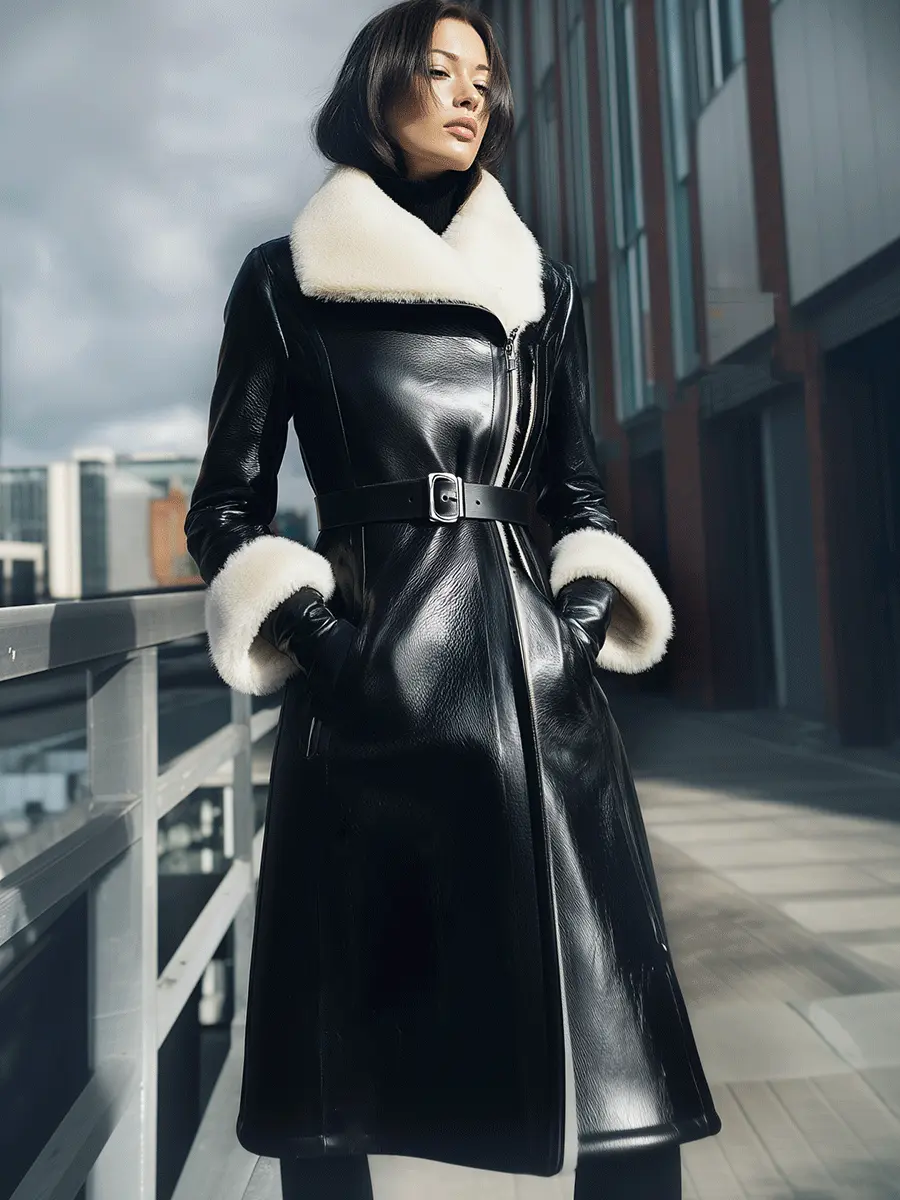 Black Belted Shearling-Collar Coat - Winter Coat CAAYWORLD