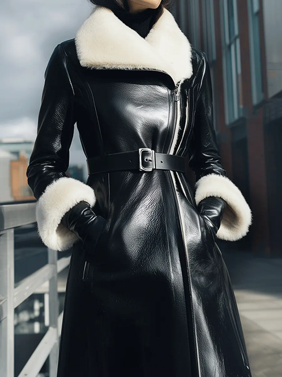 Black Belted Shearling-Collar Coat - Winter Coat CAAYWORLD