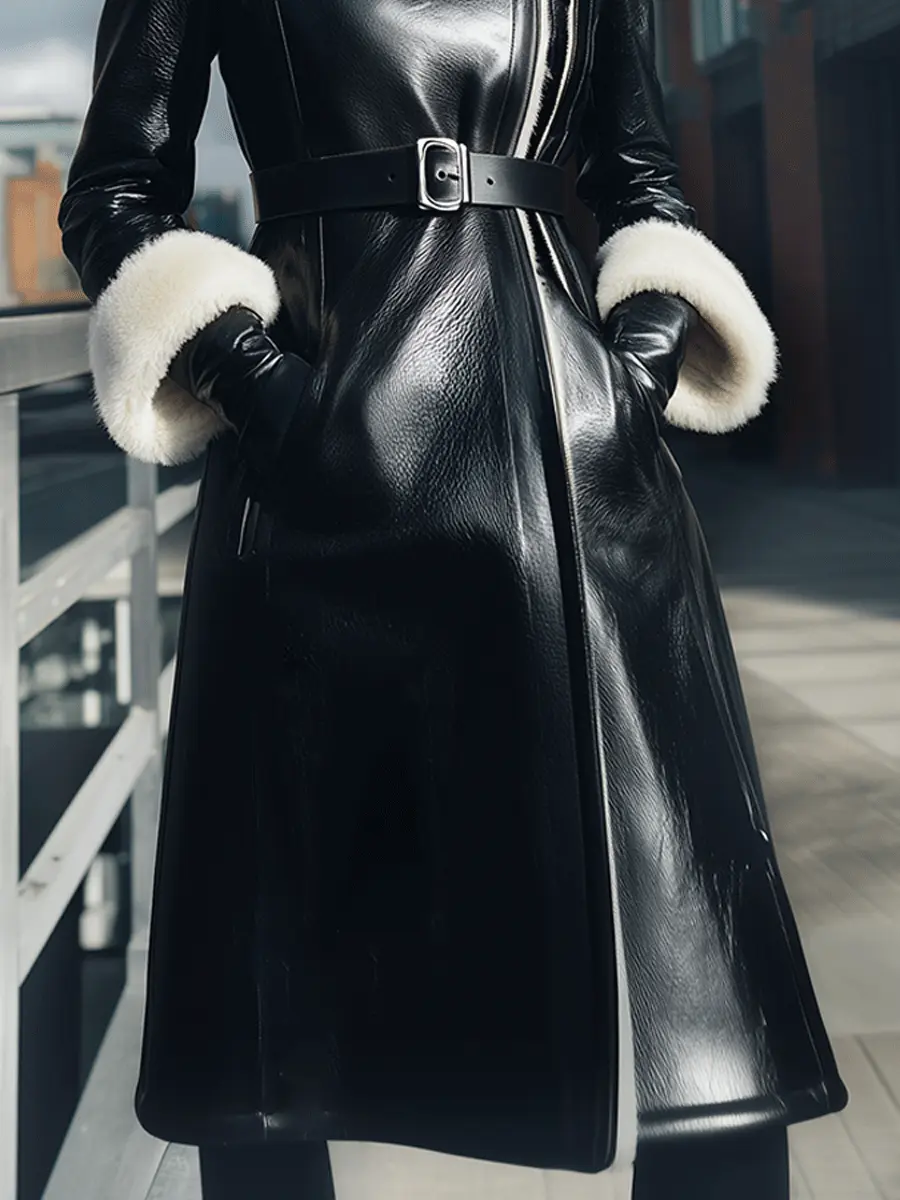 Black Belted Shearling-Collar Coat - Winter Coat CAAYWORLD