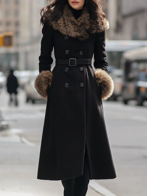 Black Double-Breasted Coat With Faux Fur Collar & Cuffs - Women's Coat CAAYWORLD