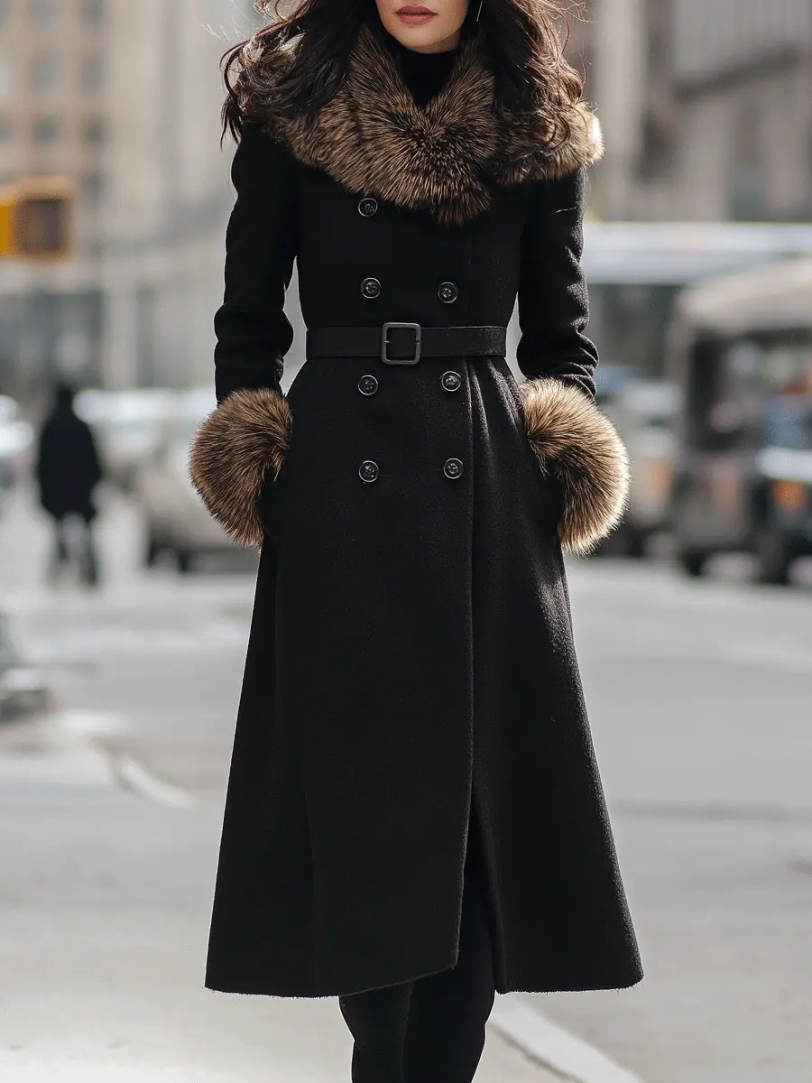 Black Double-Breasted Coat With Faux Fur Collar & Cuffs - Women's Coat CAAYWORLD