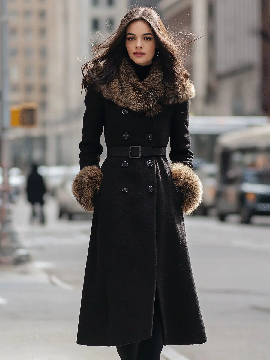 Black Double-Breasted Coat With Faux Fur Collar & Cuffs - Women's Coat CAAYWORLD