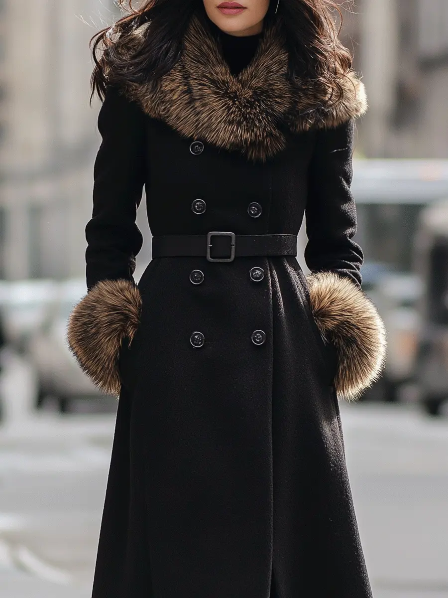 Black Double-Breasted Coat With Faux Fur Collar & Cuffs - Women's Coat CAAYWORLD
