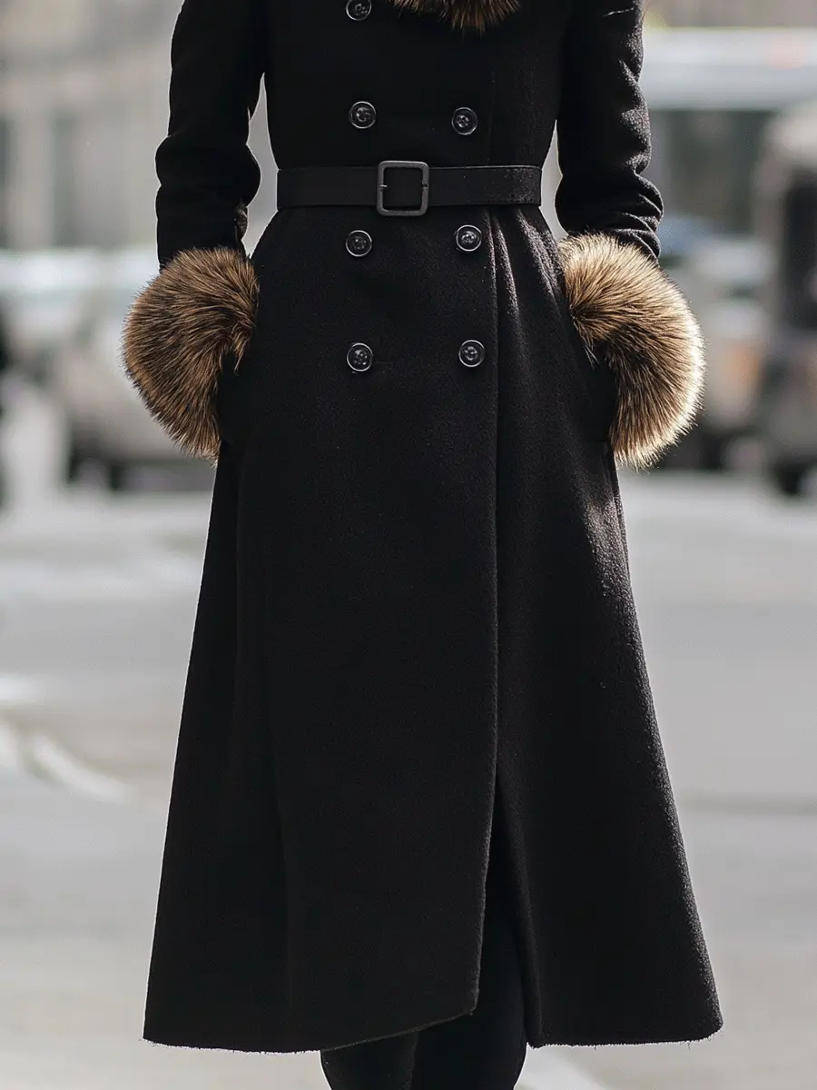 Black Double-Breasted Coat With Faux Fur Collar & Cuffs - Women's Coat CAAYWORLD