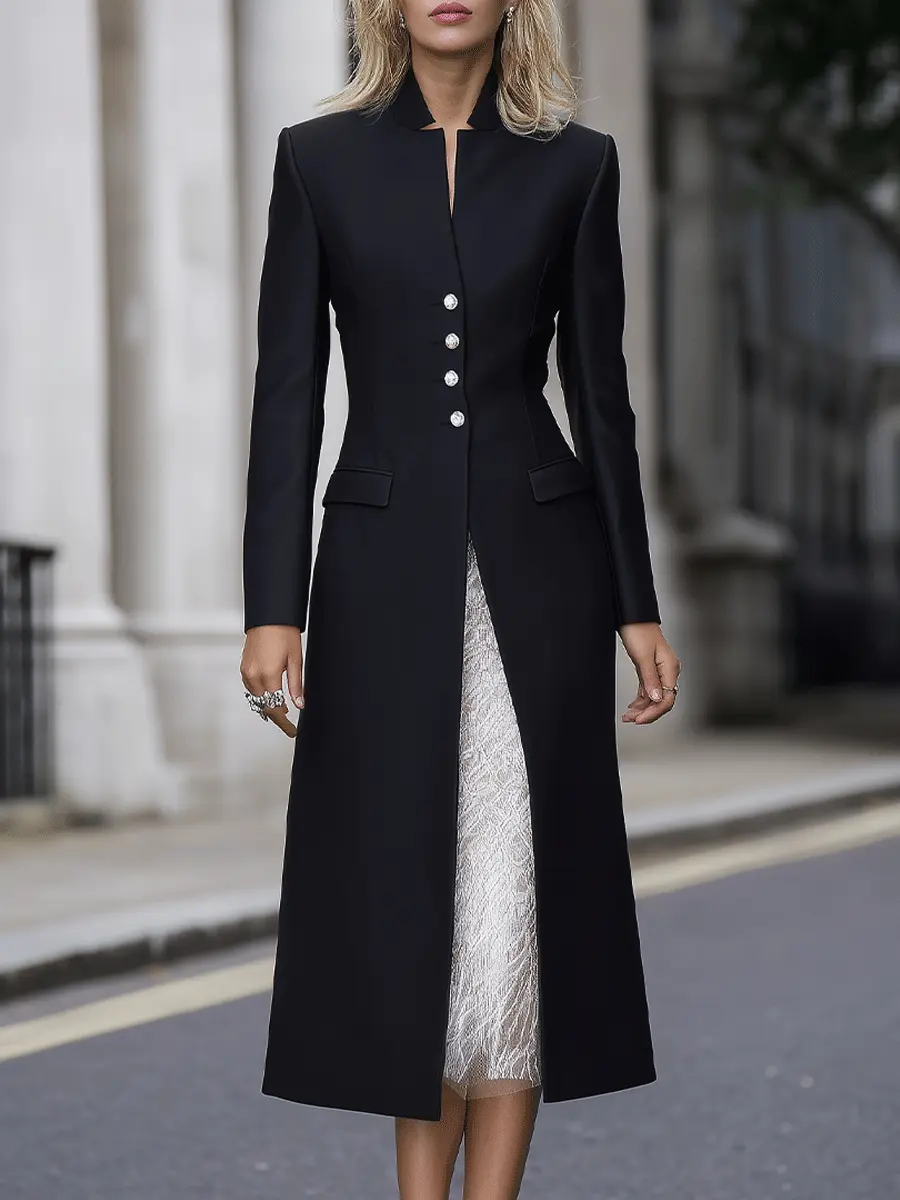 Black High-Collar Embellished Button Longline Coat Style - Midi Dress CAAYWORLD