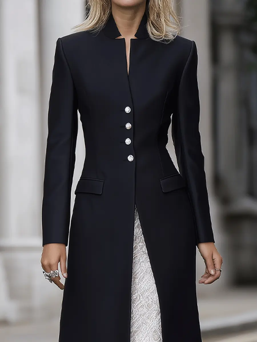 Black High-Collar Embellished Button Longline Coat Style - Midi Dress CAAYWORLD