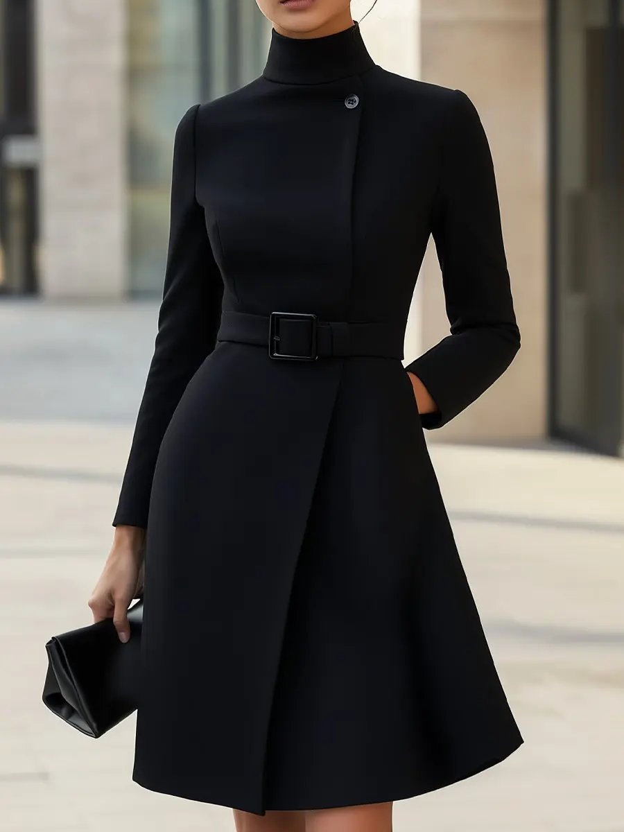 Black High-Neck Asymmetric Hem Belted A-Line - Midi Dress CAAYWORLD
