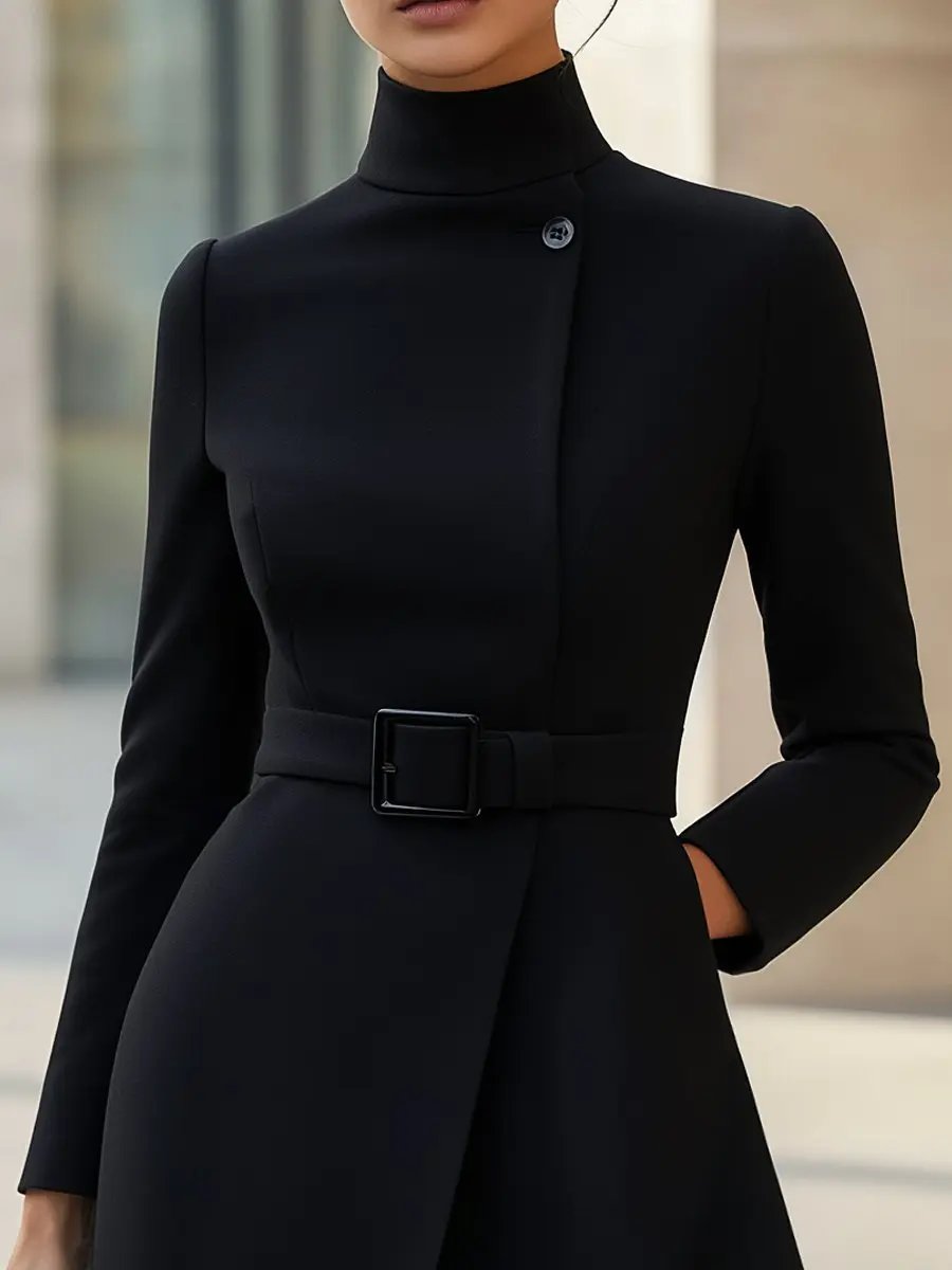 Black High-Neck Asymmetric Hem Belted A-Line - Midi Dress CAAYWORLD