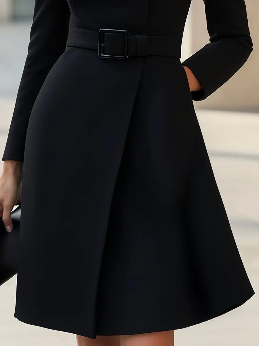 Black High-Neck Asymmetric Hem Belted A-Line - Midi Dress CAAYWORLD