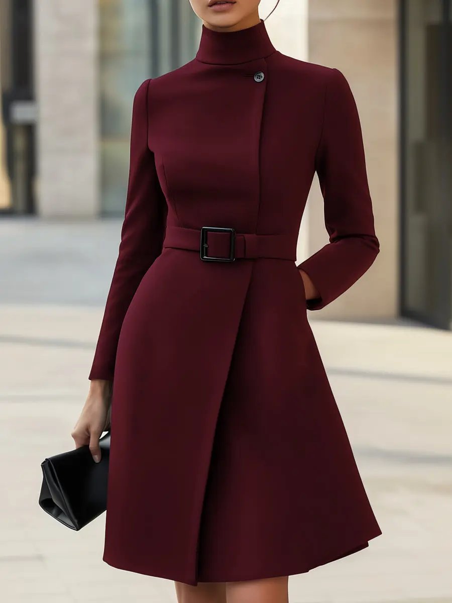 Black High-Neck Asymmetric Hem Belted A-Line - Midi Dress CAAYWORLD