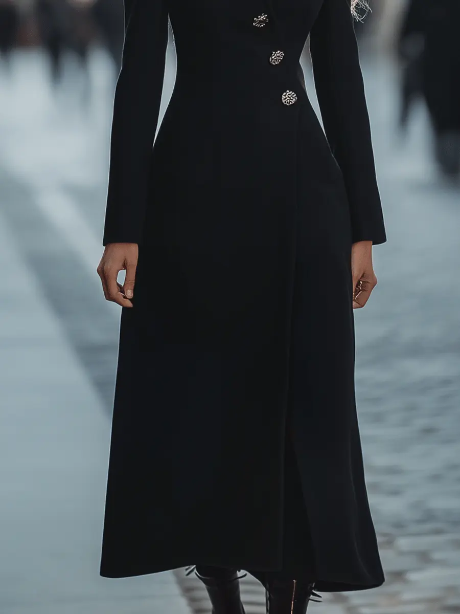 Black Longline Coat With Faux Fur Collar And Crystal Buttons - Coat CAAYWORLD