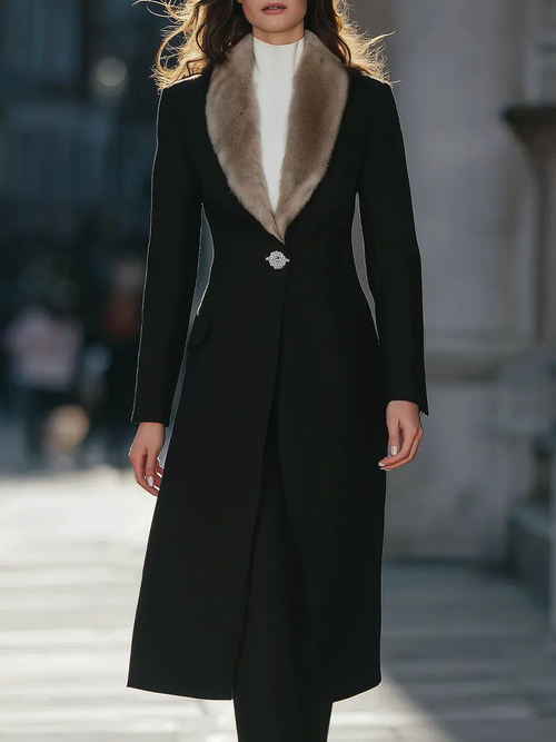 Black Longline Coat With Faux Fur Shawl Collar & Crystal Brooch Closure - Longline Coat CAAYWORLD