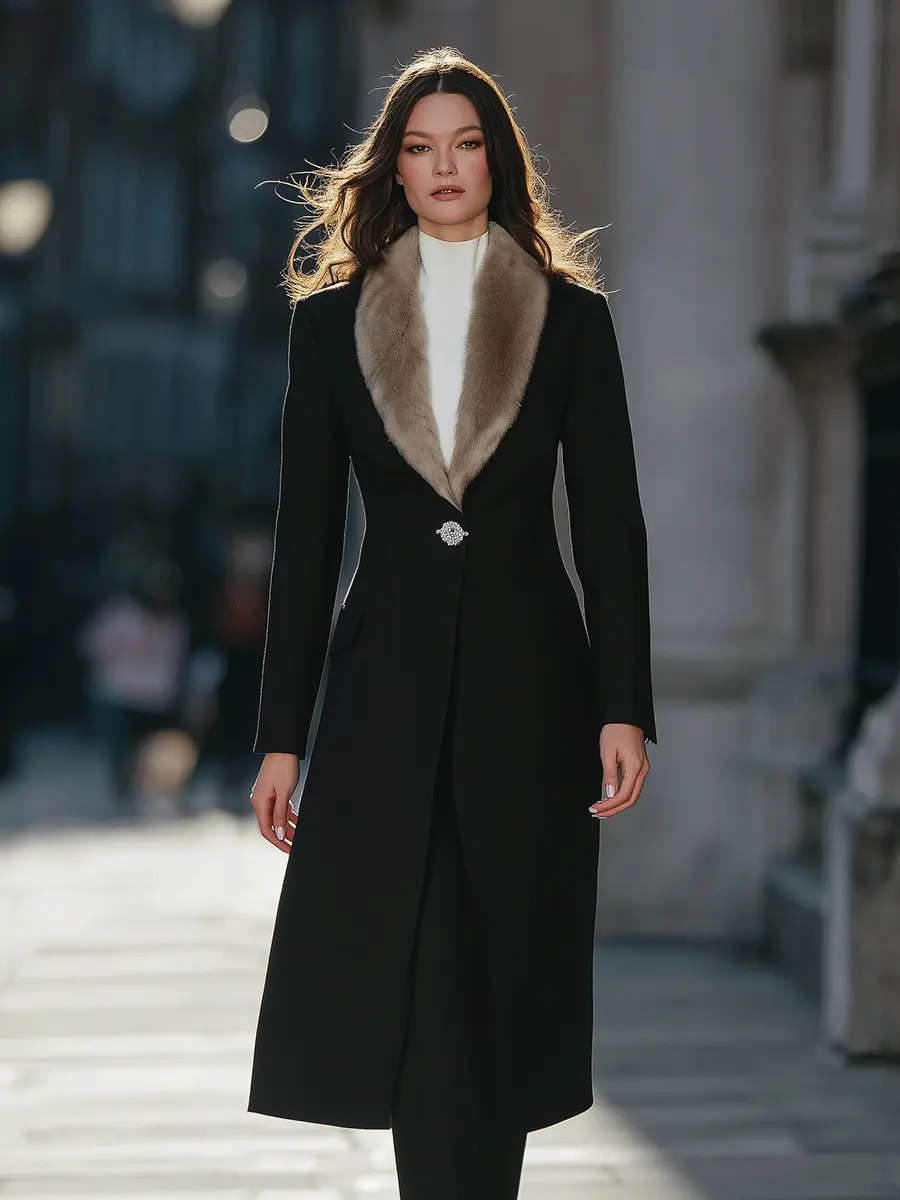 Black Longline Coat With Faux Fur Shawl Collar & Crystal Brooch Closure - Longline Coat CAAYWORLD