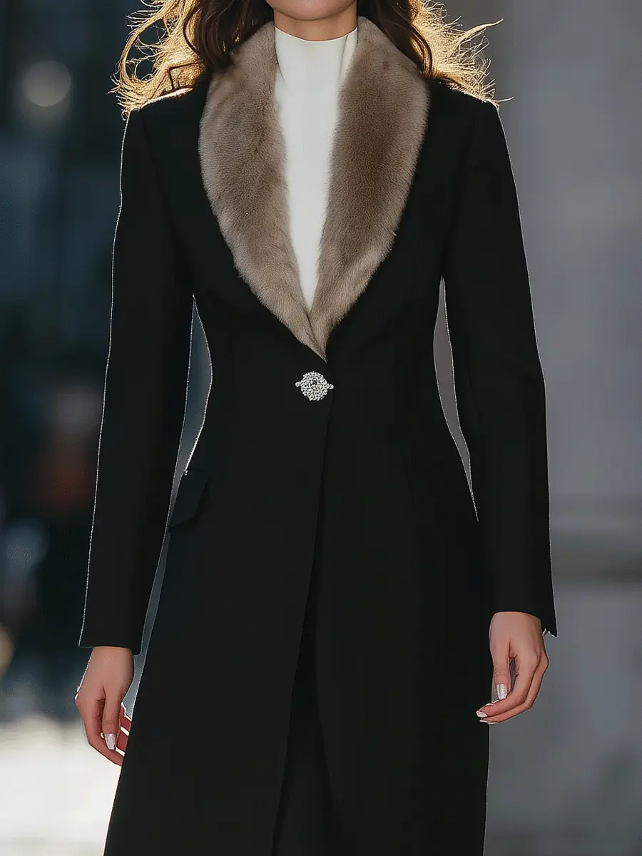 Black Longline Coat With Faux Fur Shawl Collar & Crystal Brooch Closure - Longline Coat CAAYWORLD