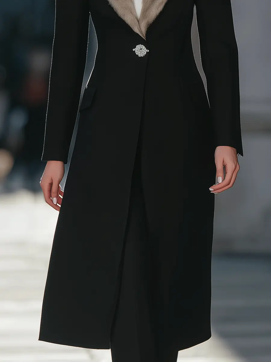 Black Longline Coat With Faux Fur Shawl Collar & Crystal Brooch Closure - Longline Coat CAAYWORLD