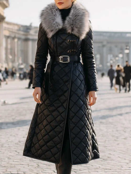 Black Quilted Coat With Faux Fur Collar & Belted Waist - Women's Coat CAAYWORLD
