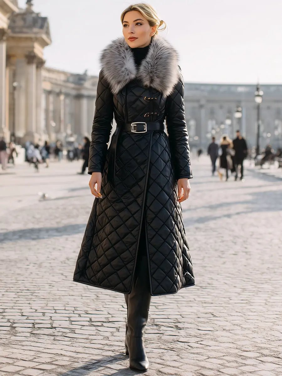 Black Quilted Coat With Faux Fur Collar & Belted Waist - Women's Coat CAAYWORLD