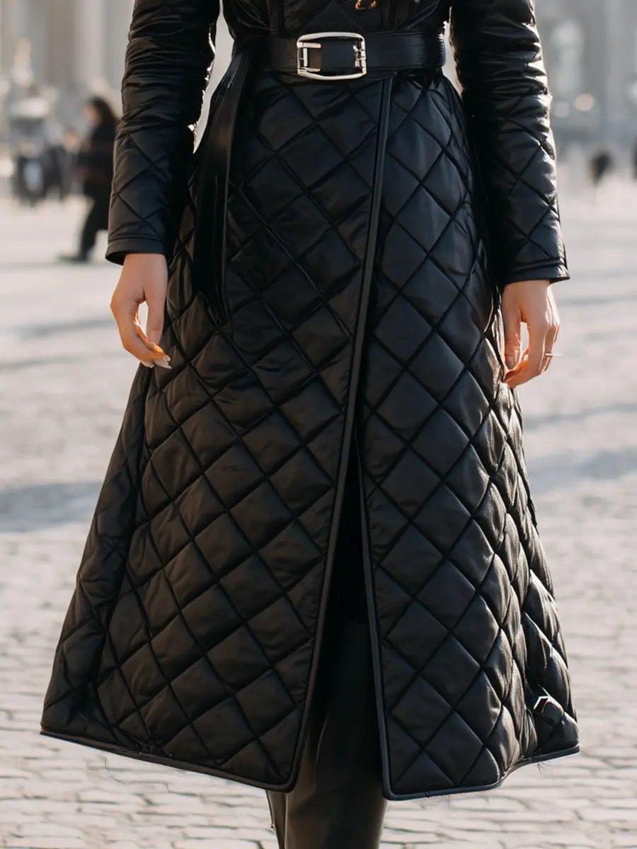 Black Quilted Coat With Faux Fur Collar & Belted Waist - Women's Coat CAAYWORLD